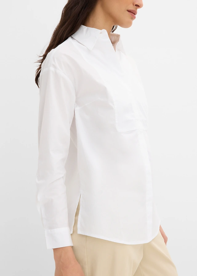 Overhemdblouse met stitchings • wit-salsarood met print • product-page.page-title-suffix
