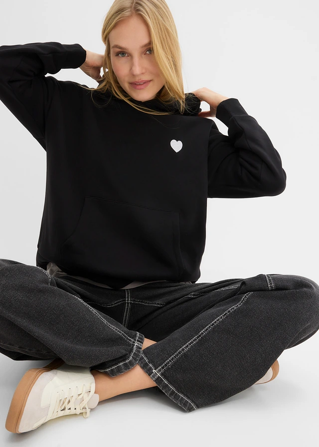 Hanorac oversize cu glugă din amestec moale cu bumbac • negru cu imprimeu • magazin bonprix