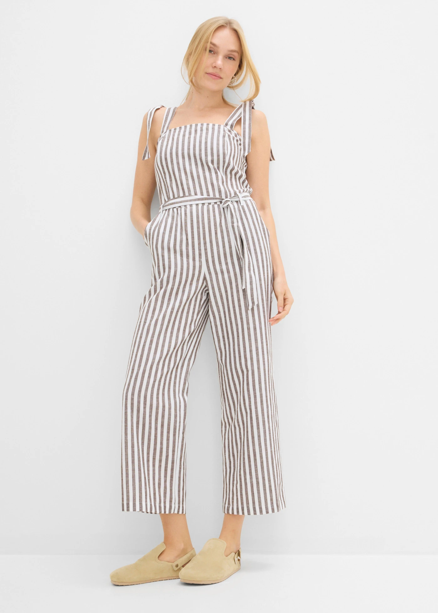 Combinaison coton et lin • marron foncé-blanc rayé • Boutique bonprix