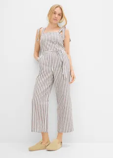 Jumpsuit van katoen-linnenmix, Kleur: donkerbruin/wit verticaal gestreept