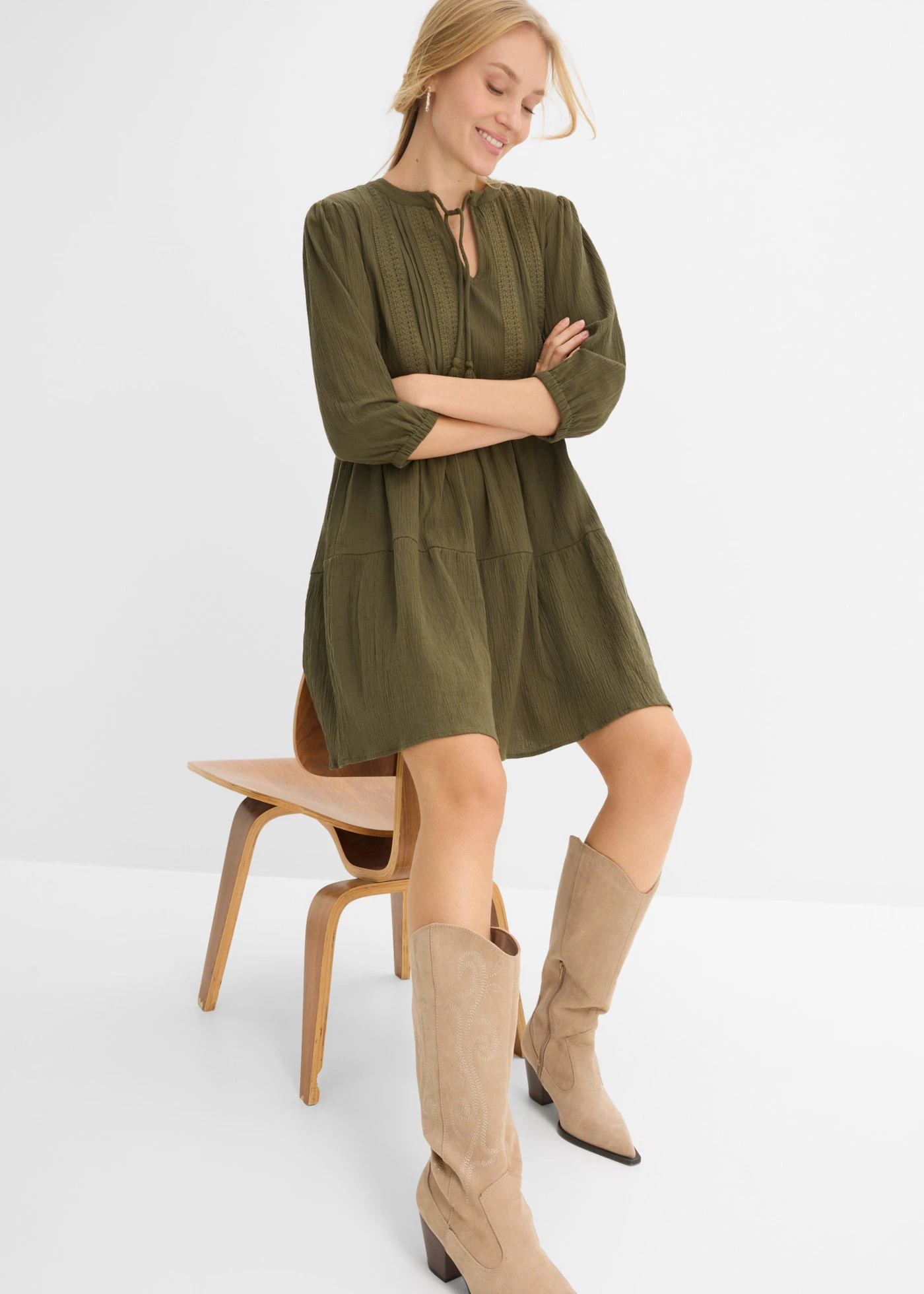 Halenkové šaty z čisté bavlny • tmavě olivová • bonprix obchod