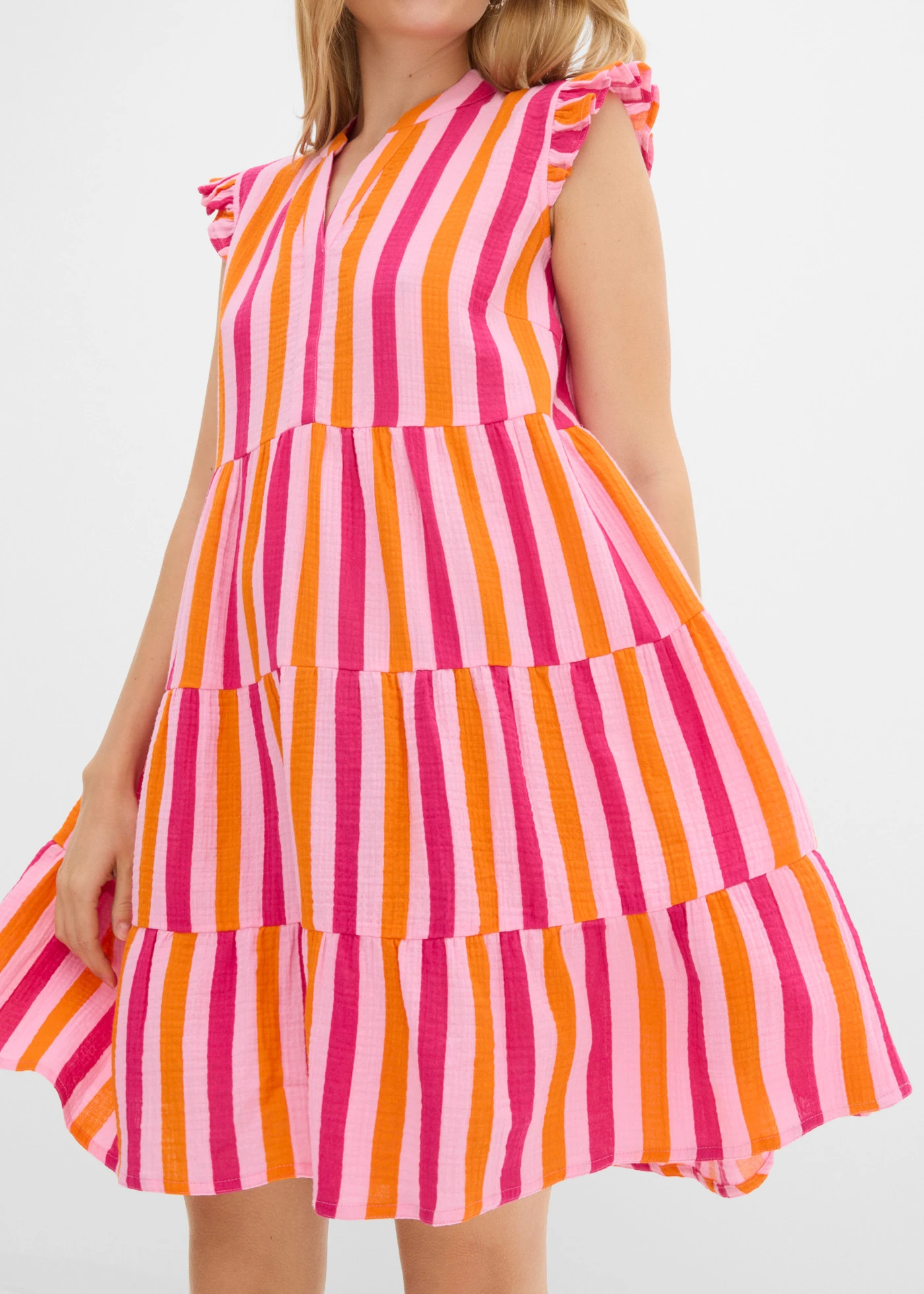 Tuniekjurk van luchtige mousseline • roze-pinklady-feloranje verticaal gestreept • bonprix online shop