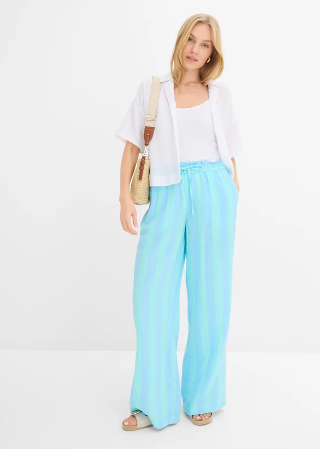 Pantalon taille élastiquée en gaze de coton naturel/cognac