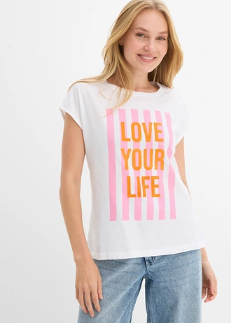 T-shirt van puur biologisch katoen • wit-roze-feloranje met print • bonprix online shop