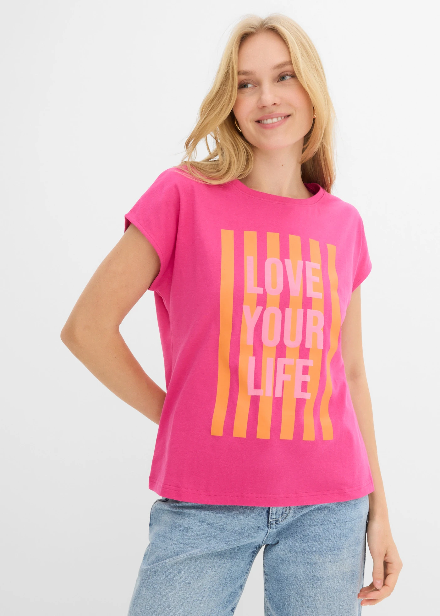 T-shirt 100% coton • fuchsia-rose-orange vif imprimé • Boutique bonprix