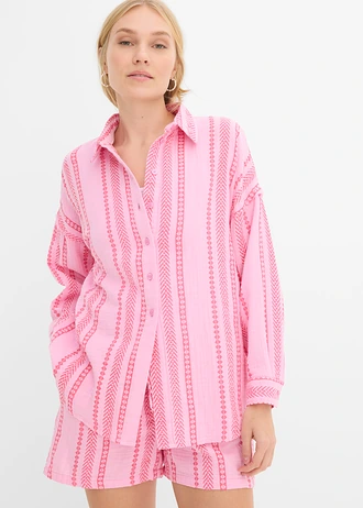 Overhemdblouse van luchtige mousseline, Kleur: roze-neonpink met print