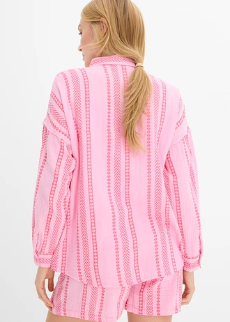 Košilová halenka ze vzdušného mušelínu, barva: růžovo-neonově pink s potiskem