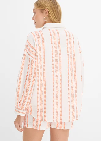 Overhemdblouse van luchtige mousseline, Kleur: wit-zalmkleur met print
