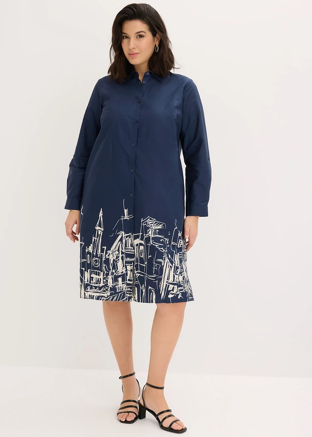 Robe-chemise en popeline de coton, Couleur: bleu foncé-écru graphique