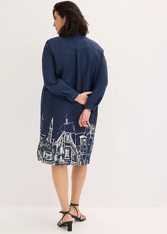Overhemdjurk van katoenpopeline, Kleur: donkerblauw-ecru grafische print