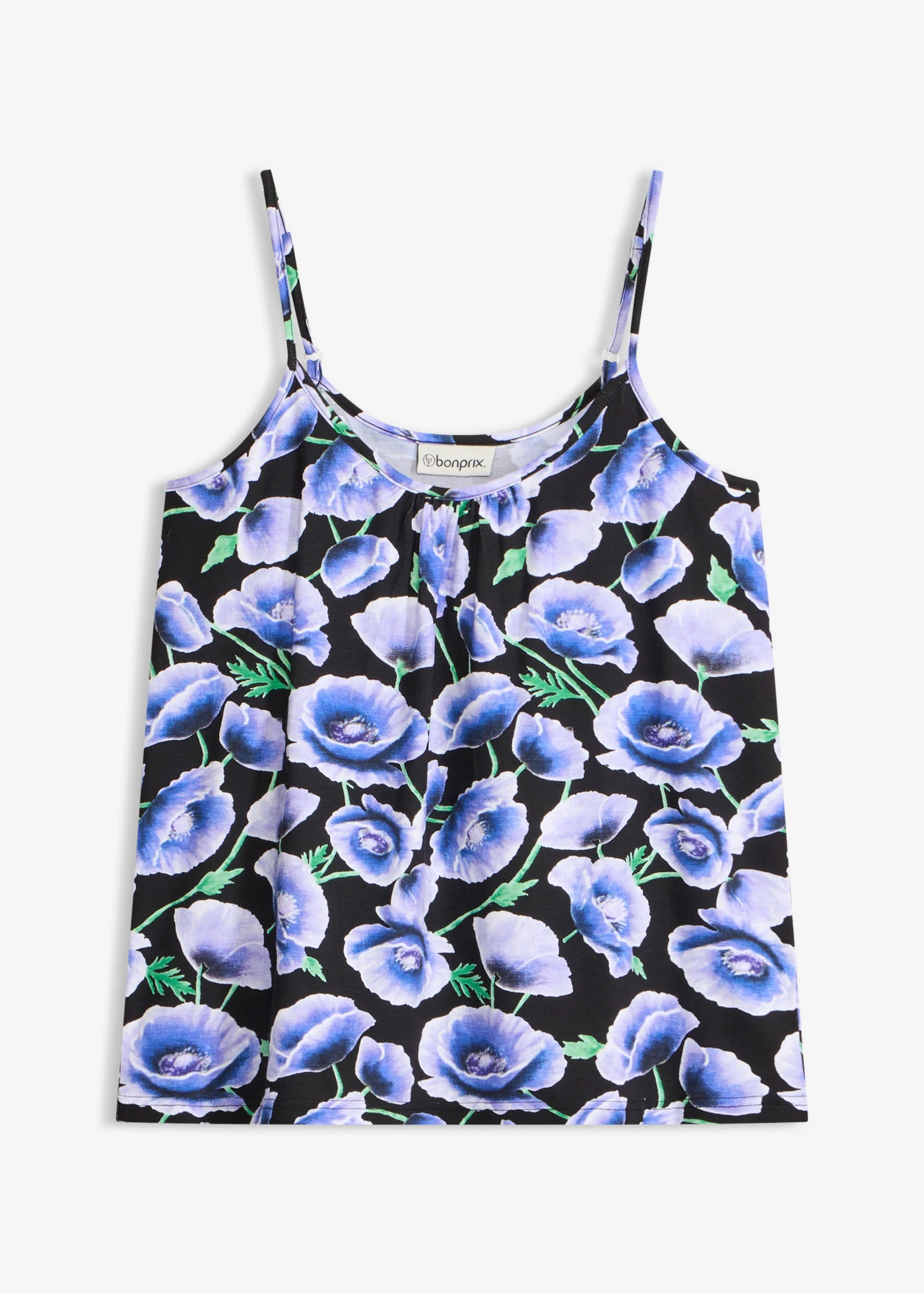 Top cu bretele subțiri din amestec moale de viscoză • negru/albastru floral • magazin bonprix