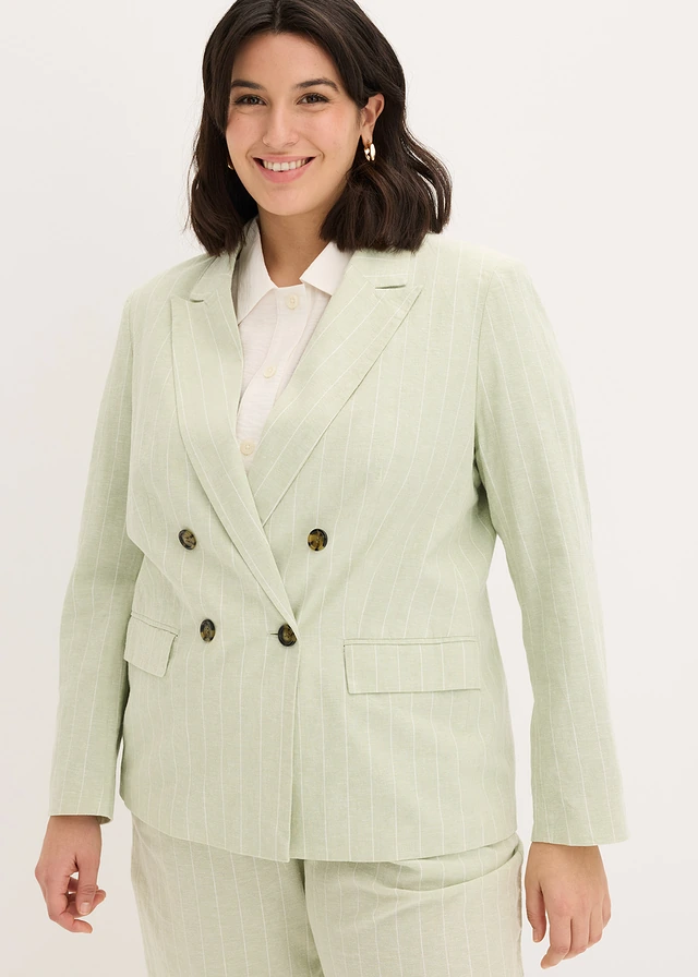 Blazer met linnen, Kleur: grijsgroen/wolwit gestreept