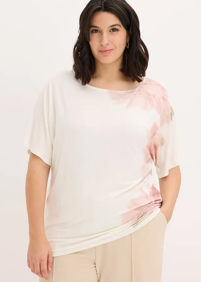 T-shirt doux en viscose extensible, Couleur: écru-rose floral