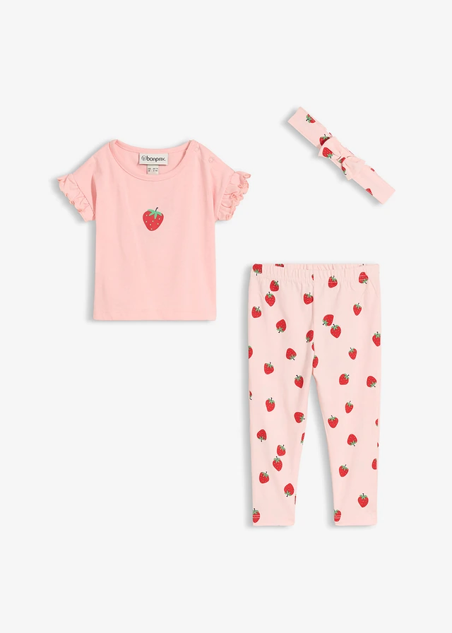 Shirt, legging + accessoire van biologisch katoen (3-dlg. set), Kleur: zoet roze+parelroze met print