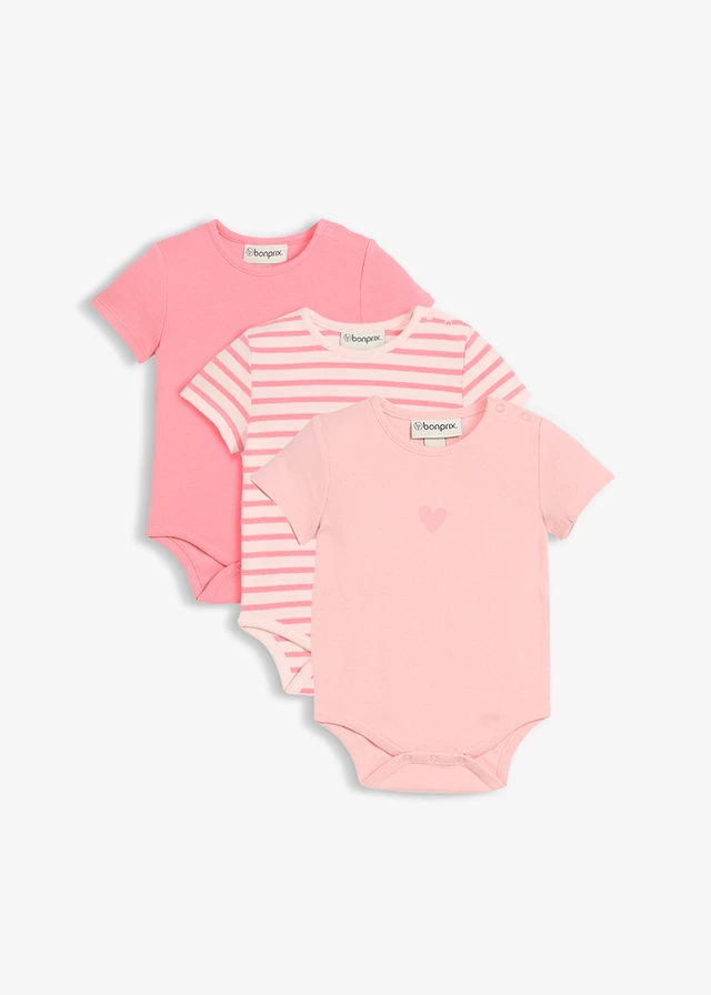 Body van biologisch katoen met korte mouwen (set van 3), Kleur: knalroze-lichtroze-zoet roze met print