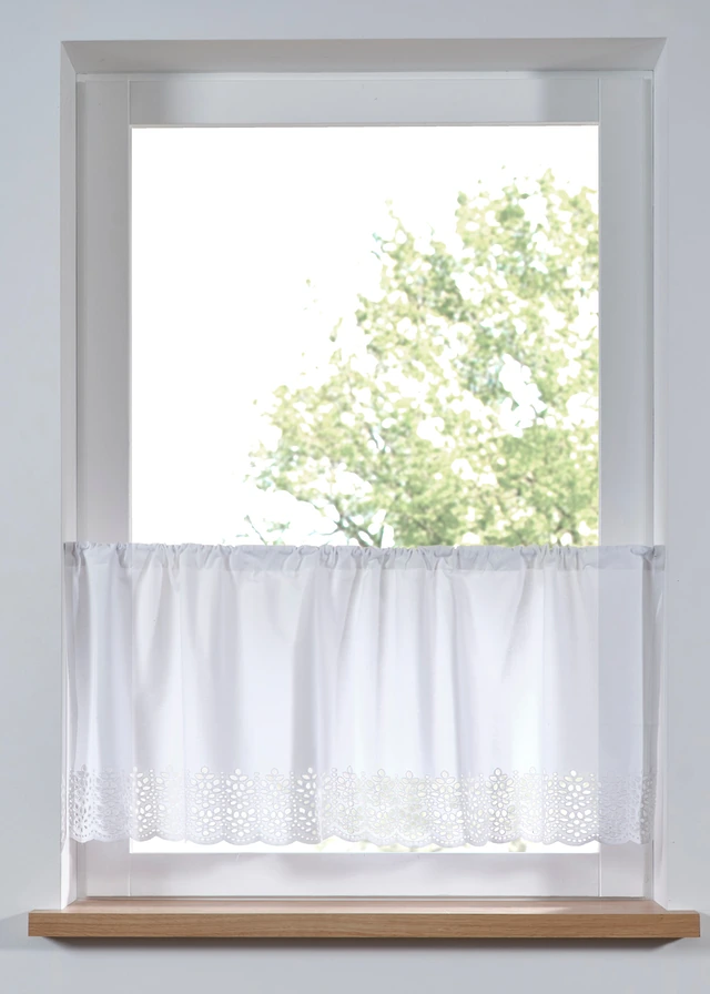 Brise-bise en coton avec bordure en broderie anglaise, Couleur: blanc
