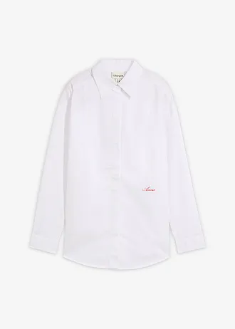 Overhemdblouse met stitchings, Kleur: wit-salsarood met print