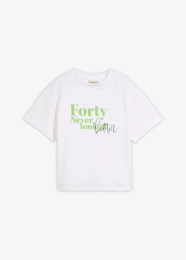 Szeroki T-shirt z czystej bawełny organicznej, kolor: biały-jaskrawy zielony z nadrukiem