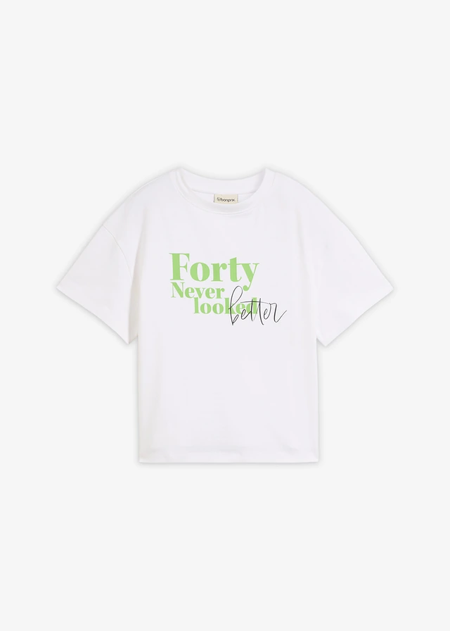 Široké tričko z čisté organické bavlny • bílo-svítivě zelená s potiskem • bonprix obchod