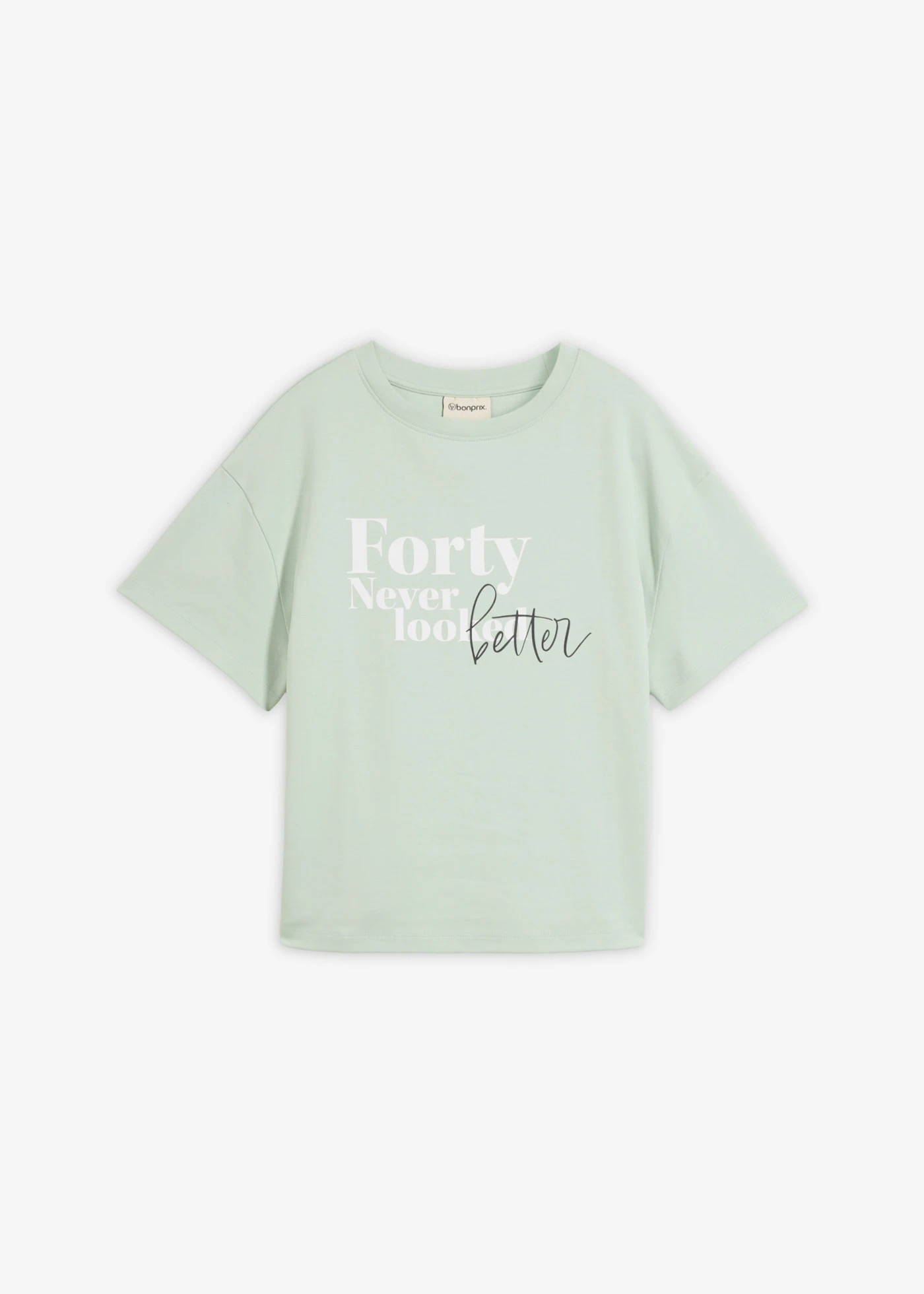 Szeroki T-shirt z czystej bawełny organicznej • kryształowy miętowy - biały z nadrukiem • sklep bonprix
