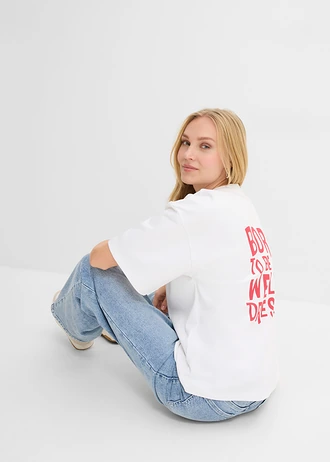 Bluză oversize din bumbac organic 100% • alb-roșu cu imprimeu • magazin bonprix