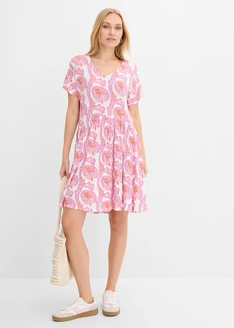 Robe fluide en jersey viscose, Couleur: rose/rose fuchsia/blanc/orange vif paisley
