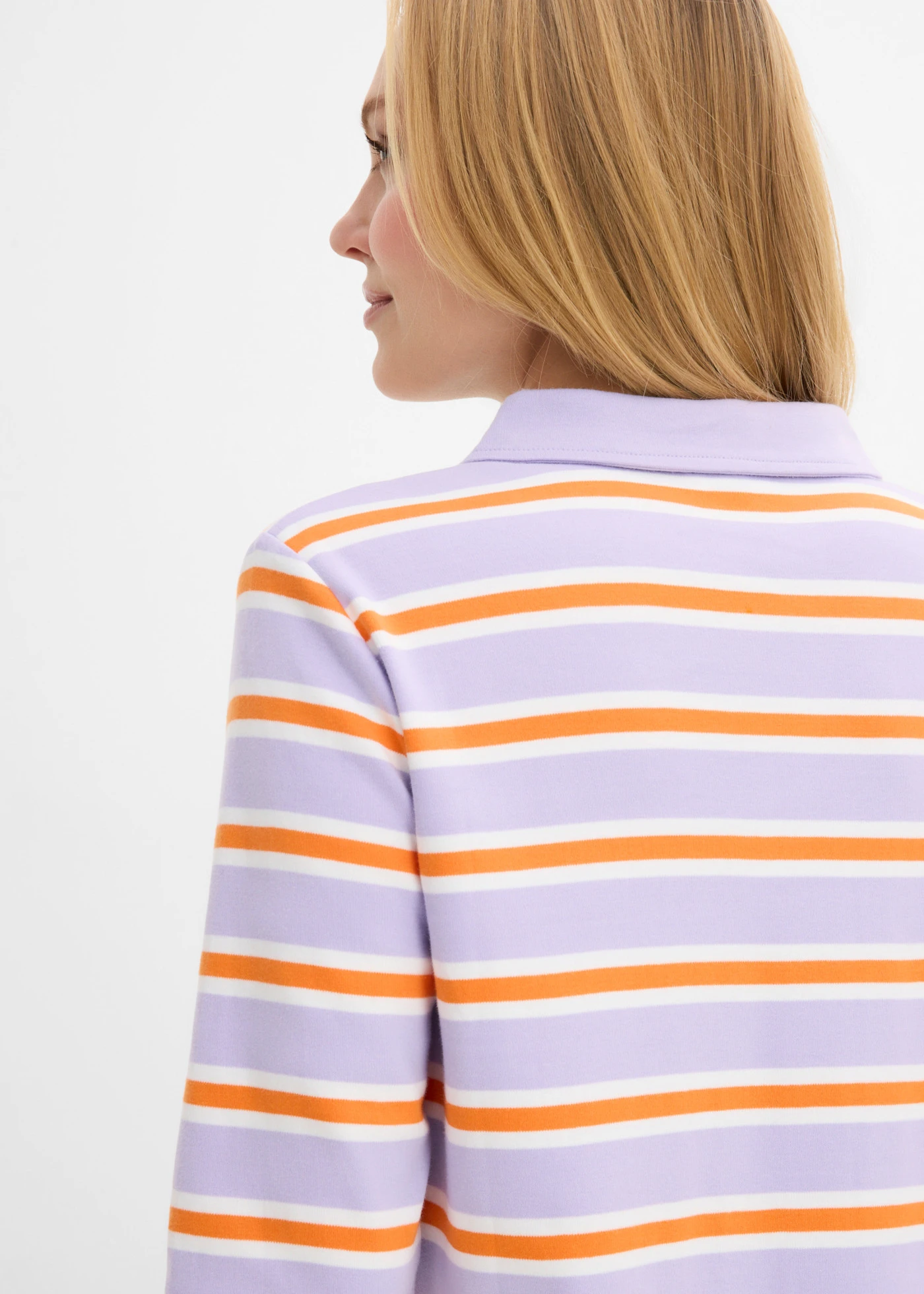 Robe longueur genou à col polo • orange vif-parme-écru rayé • Boutique bonprix