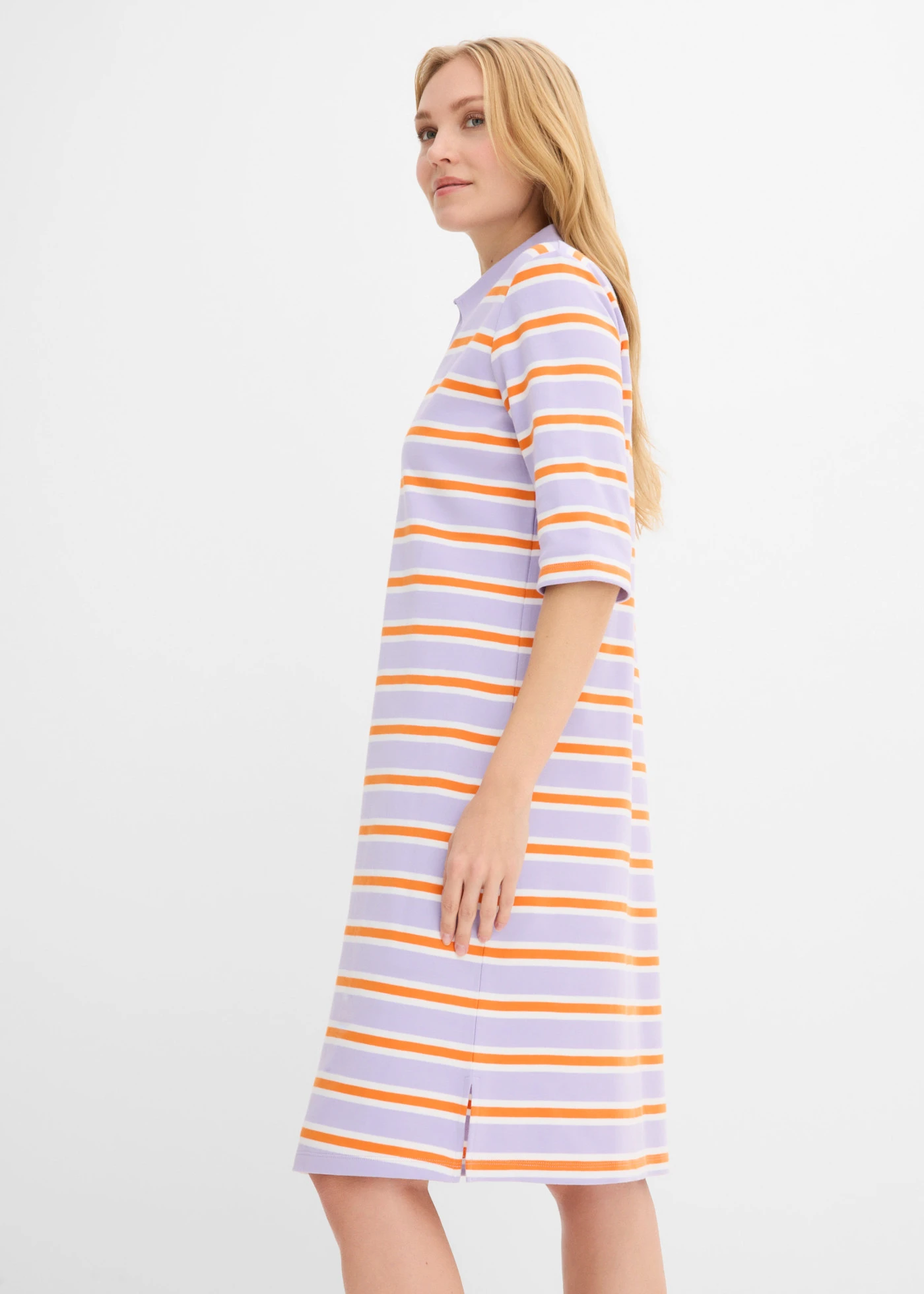 Rochie până la genunchi, cu guler polo • oranj fluorescent-liliachiu pastel-ecru dungat • magazin bonprix