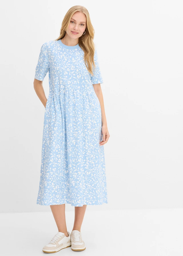 Rochie din jerse evazată, din bumbac gros organic, culoare: bleu-ecru cu imprimeu