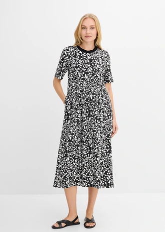 Wijd uitlopende jersey jurk van zwaar biologisch katoen • zwart-wolwit met print • bonprix online shop