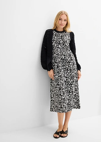 Robe évasée en jersey de coton épais, Couleur: noir/écru imprimé
