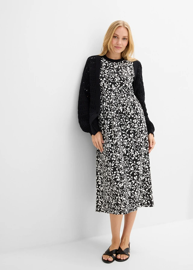Robe évasée en jersey de coton épais, Couleur: noir/écru imprimé