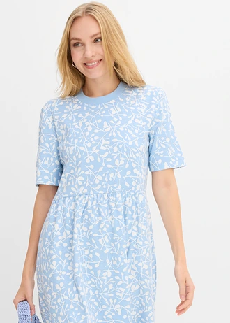 Wijd uitlopende jersey jurk van zwaar biologisch katoen • lichtblauw-wolwit met print • bonprix online shop