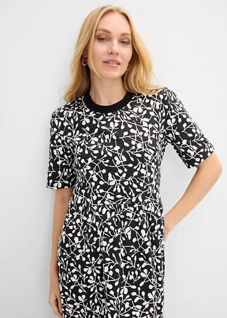 Robe évasée en jersey de coton épais • noir/écru imprimé • Boutique bonprix