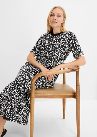 Wijd uitlopende jersey jurk van zwaar biologisch katoen • zwart-wolwit met print • bonprix online shop