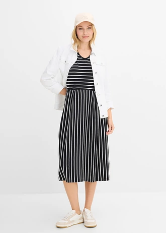 Jersey jurk van biologisch katoen, midi lengte • zwart-wolwit gestreept • bonprix online shop