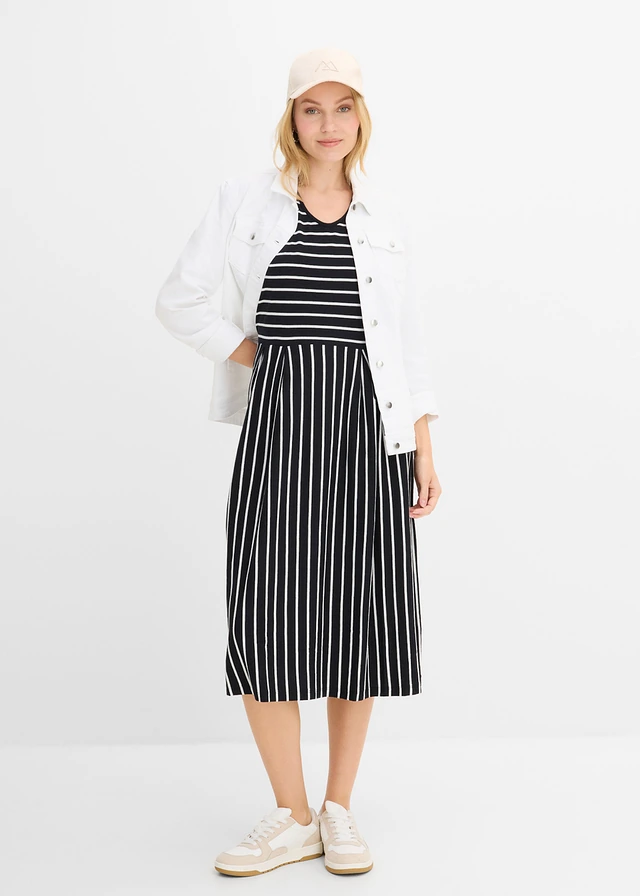 Robe midi en jersey coton, Couleur: noir-écru rayé