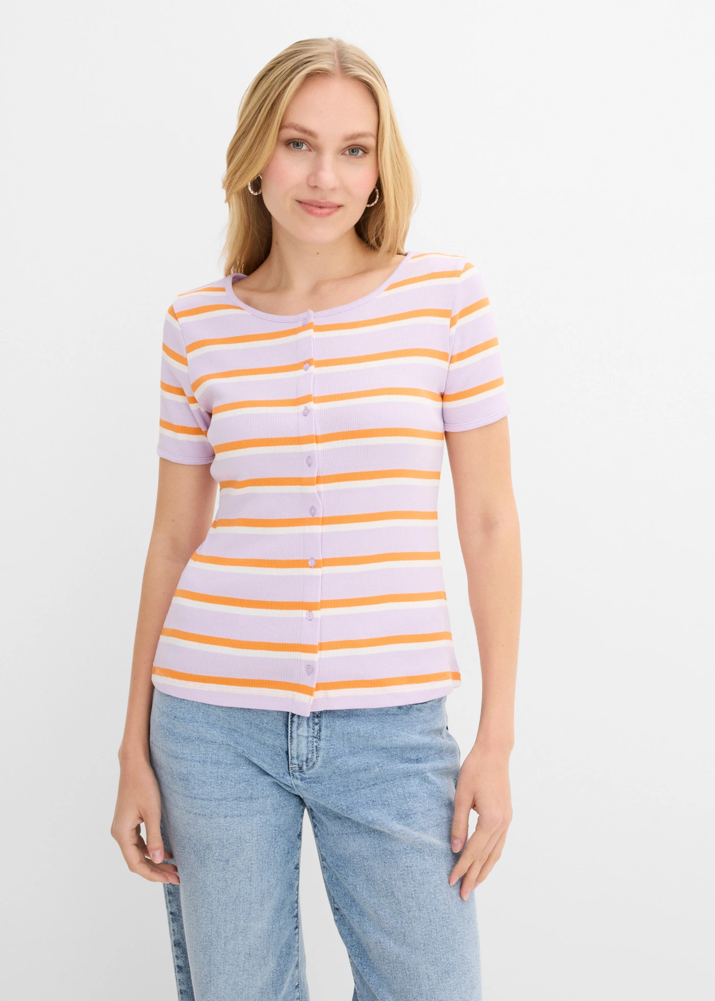 T-shirt en coton côtelé • parme-orange vif-écru rayé • Boutique bonprix