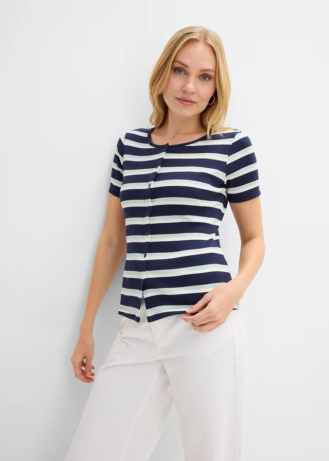 Geribd shirt van biologisch katoen, Kleur: donkerblauw-kristalmint-wolwit gestreept