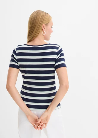 T-shirt en coton côtelé • bleu foncé-menthe cristal-écru rayé • Boutique bonprix