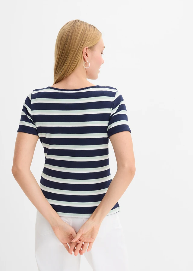 Prążkowany T-shirt z bawełny organicznej, kolor: ciemnoniebieski-kryształowy miętowy-biel wełny w paski