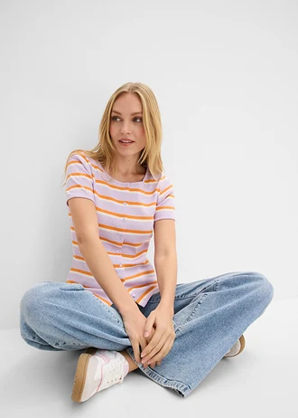 Žebrované tričko z organické bavlny • jemně šeříkovo-svítivě oranžovo-přírodní bílá s proužky • bonprix obchod