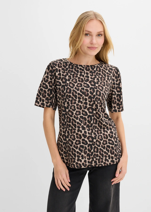 T-shirt z czystej bawełny, kolor: czarny-ciemnobrązowy-średni brązowy-naturalny kamień z nadrukiem w panterkę