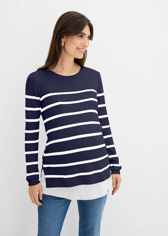 Pull de grossesse et d’allaitement en maille légère, Couleur: bleu foncé-blanc rayé