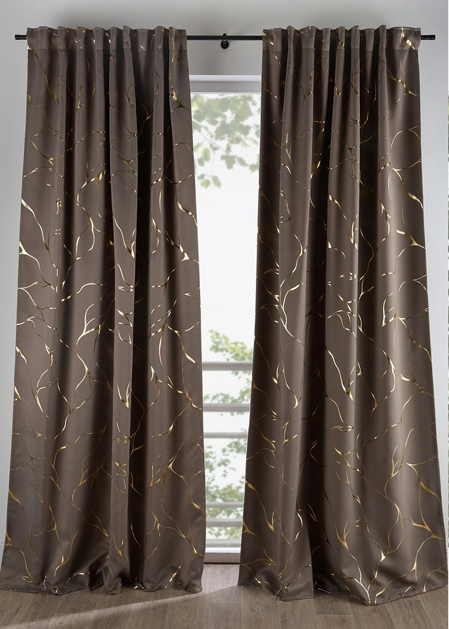 Verduisterend gordijn met glanzende print (1 stuk), Kleur: bruin-goudkleur
