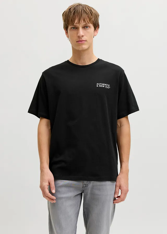 JJ REBEL T-shirt van puur katoen, Kleur: zwart met print