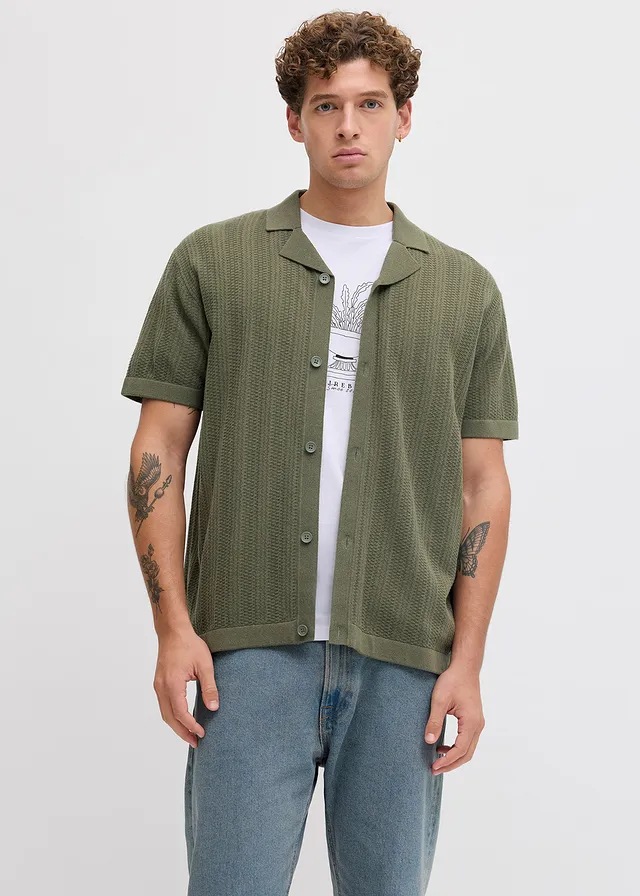 Fijn gebreid poloshirt van JJ REBEL, Kleur: mosgroen