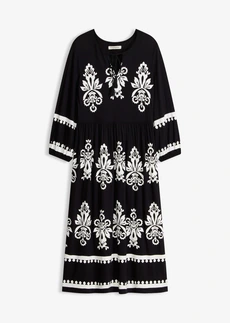 Jersey jurk in een zachte viscosemix, Kleur: zwart met print