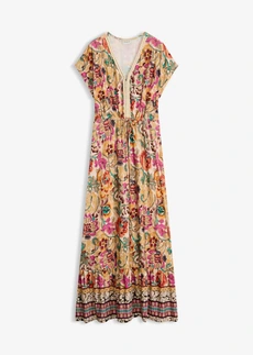 Jersey jurk in een zachte viscosemix, Kleur: crème-paars-turkoois met print