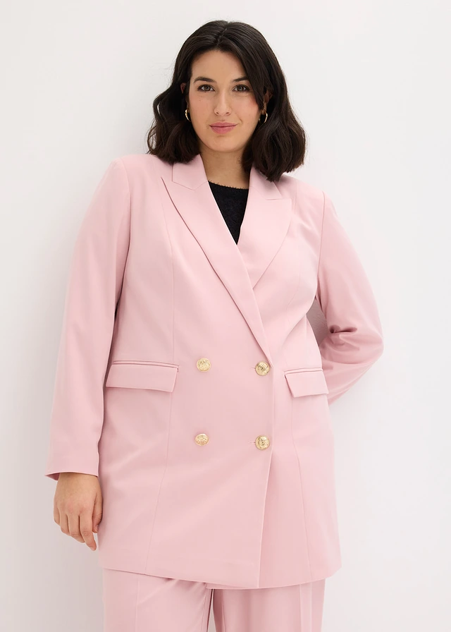 Long blazer à boutons décoratifs, Couleur: rose cendré